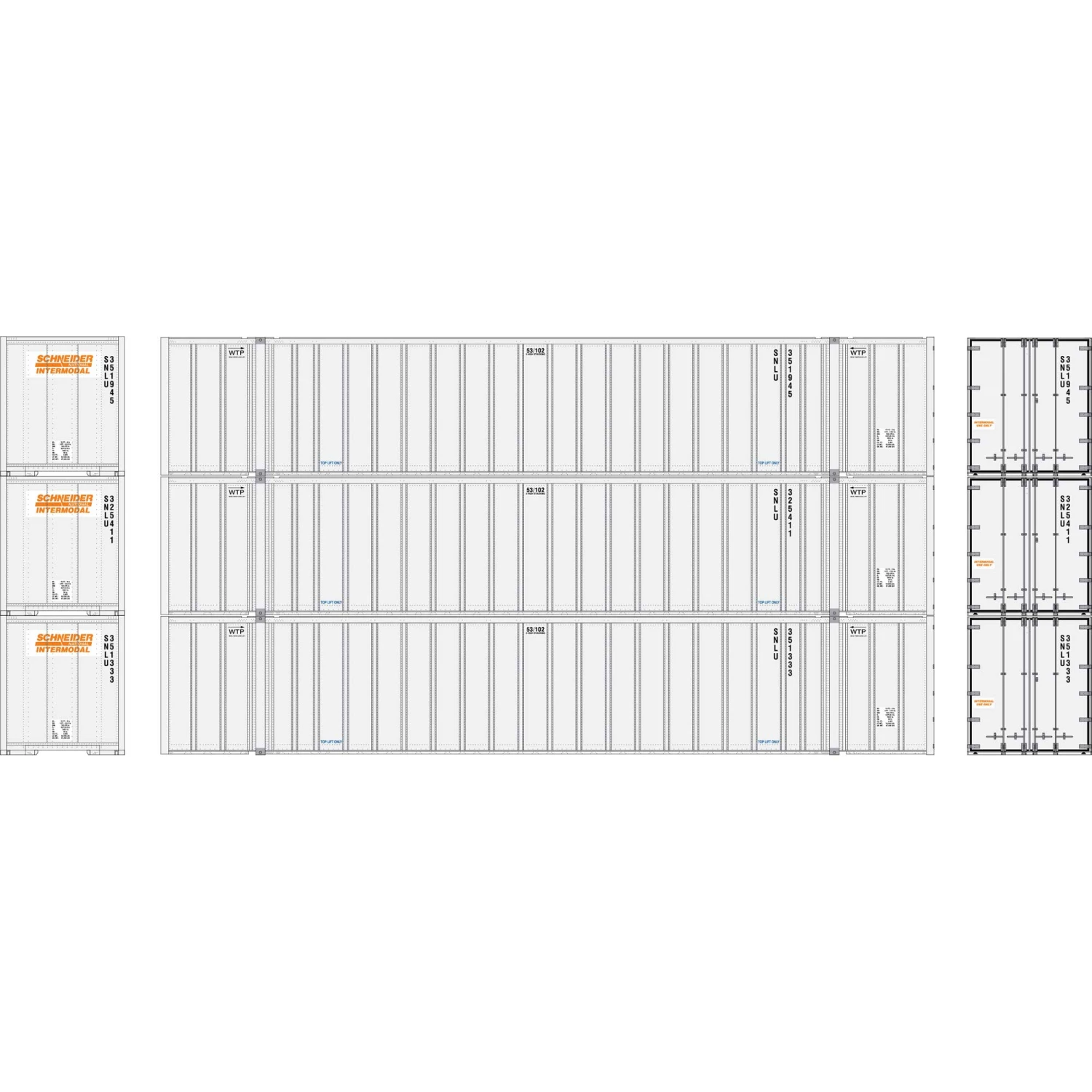 Athearn N 53' Stoughton Containers, Schneider # 2 (3) for Vehicles & Containers