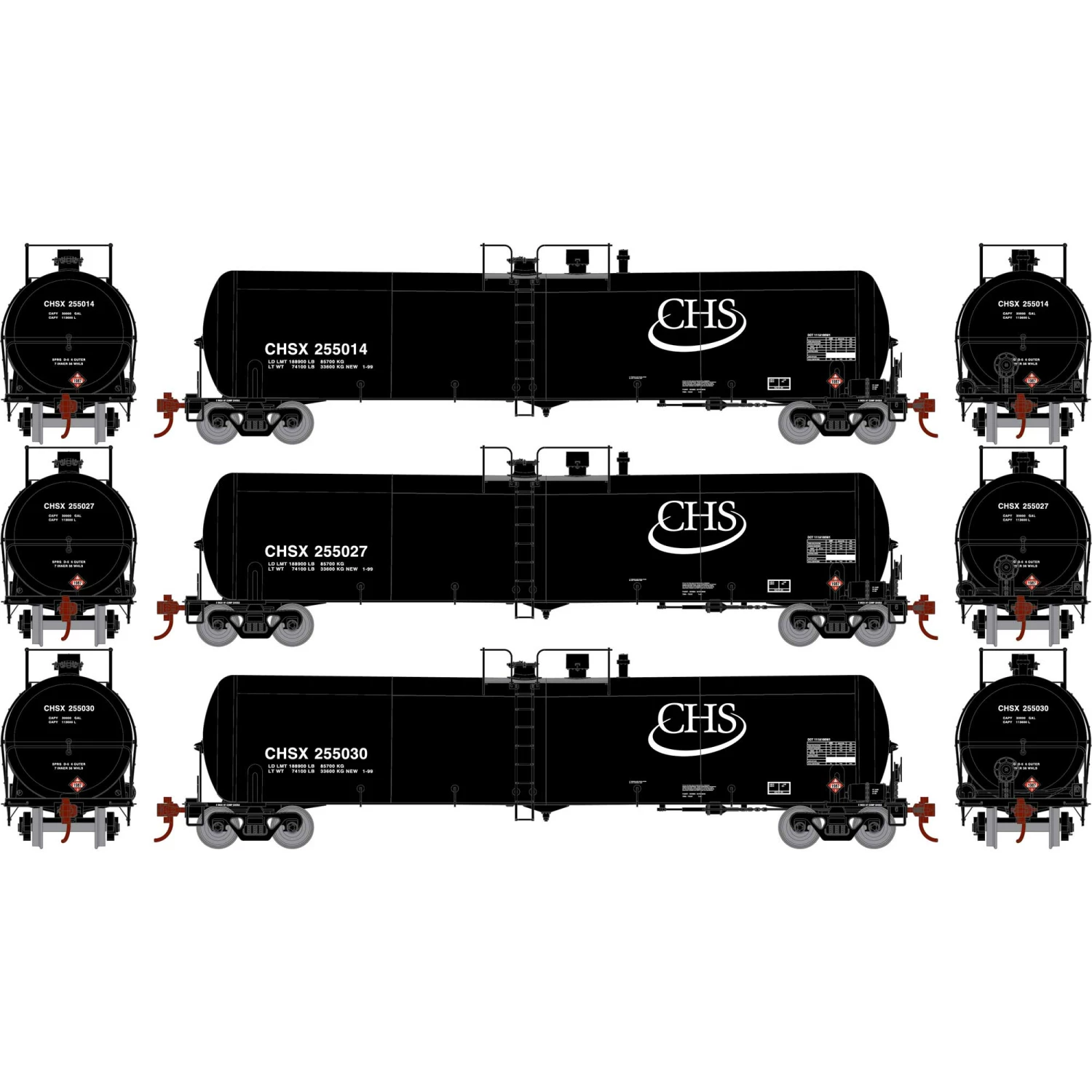 Athearn HO 30,000-Gallon Ethanol Tank, CHSX #1 (3) for Freight Cars