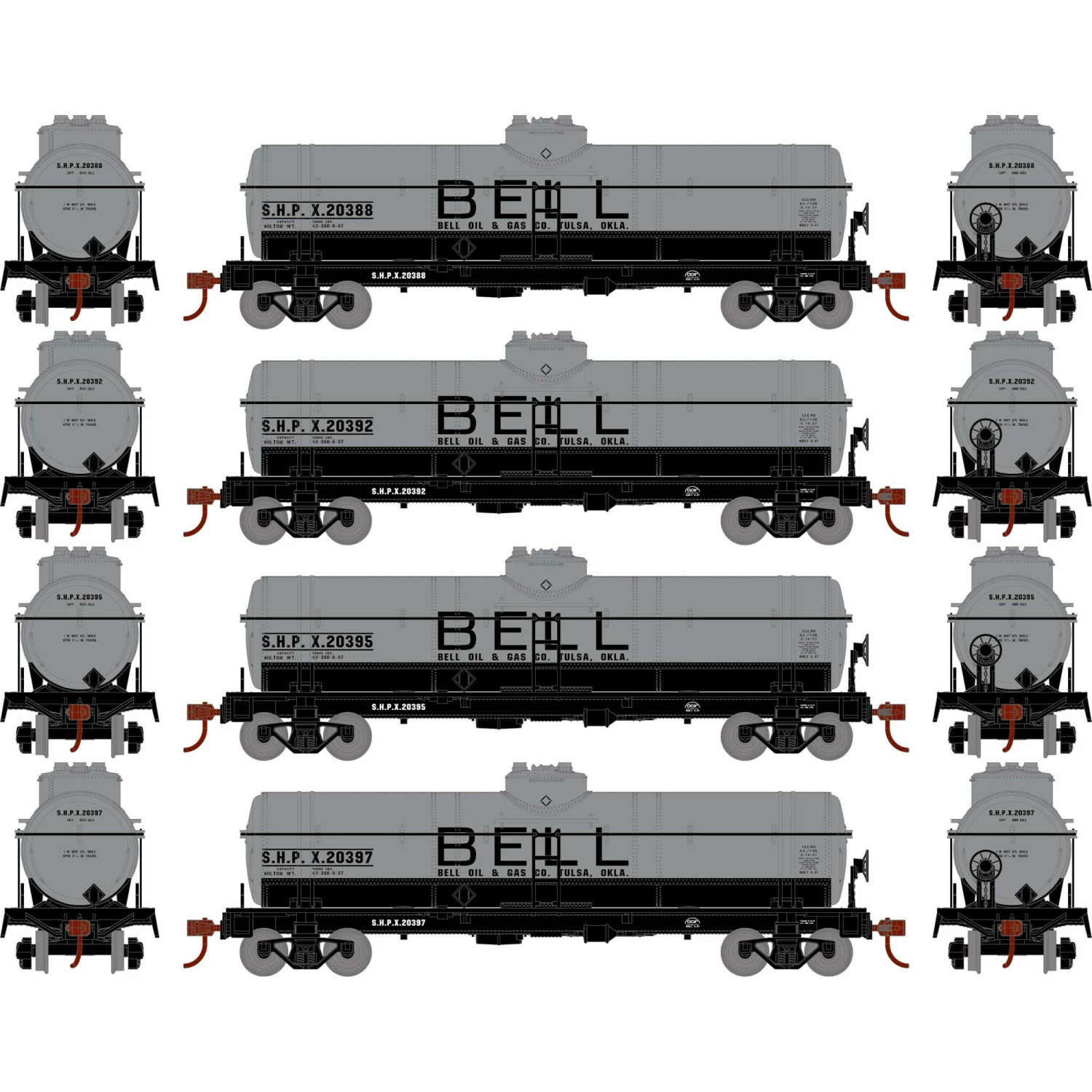 Athearn HO 1-Dome Tank, Bell Oil/SHPX #2 (4) for Freight Cars