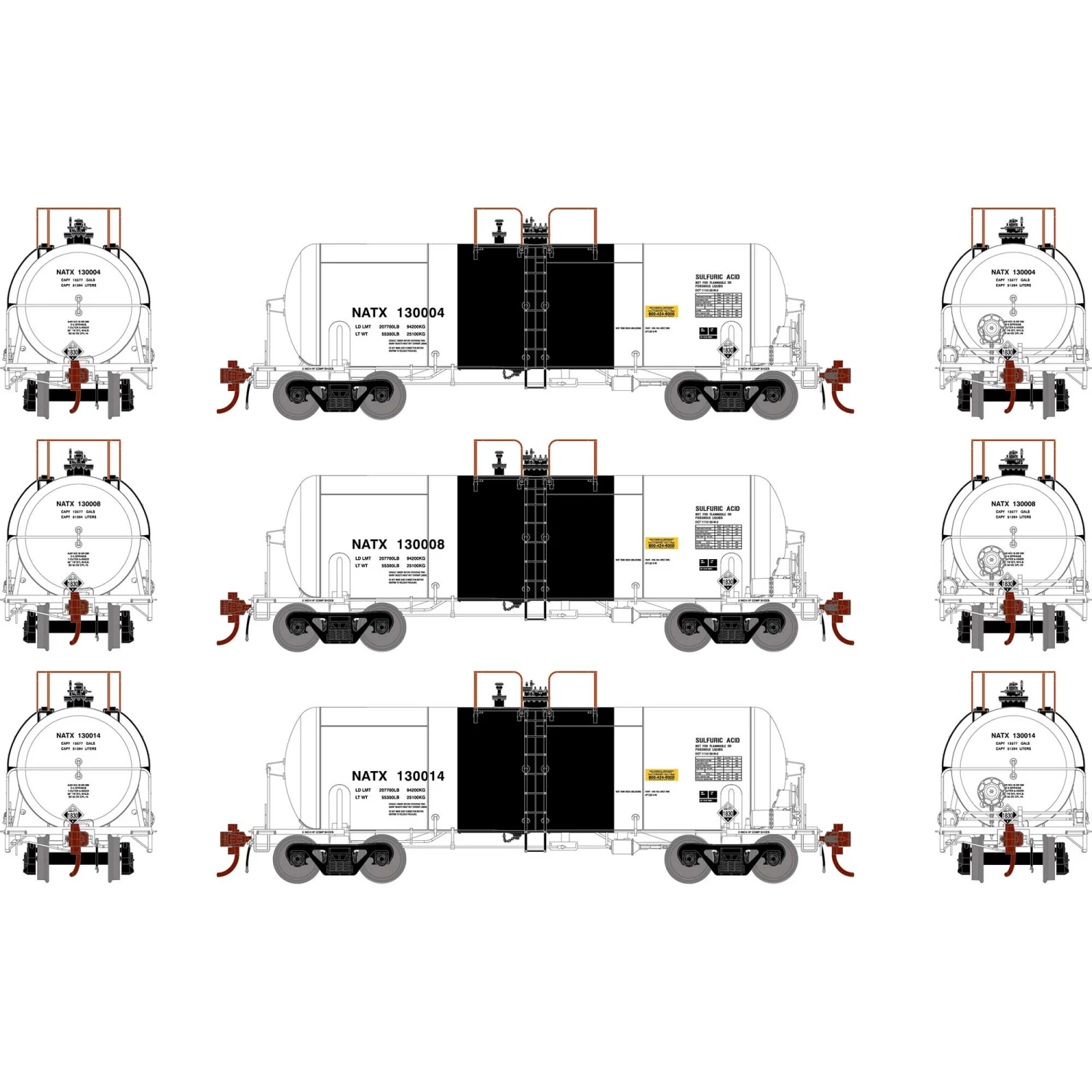 Athearn HO 13,600-Gallon Acid Tank, NATX (3) for Freight Cars