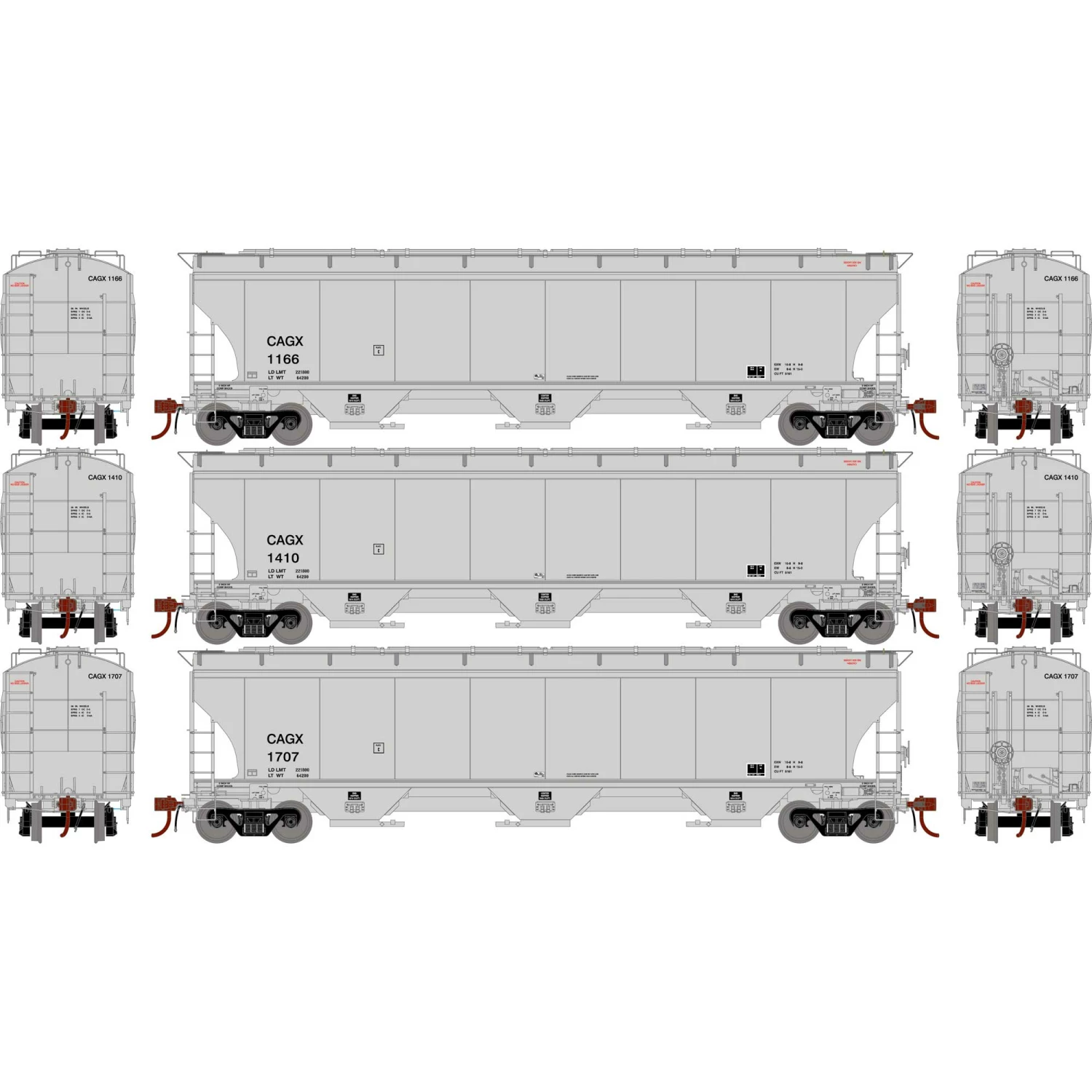 Athearn HO Trinity 3-Bay Hoppers, CAGX # 1 (3) for Freight Cars