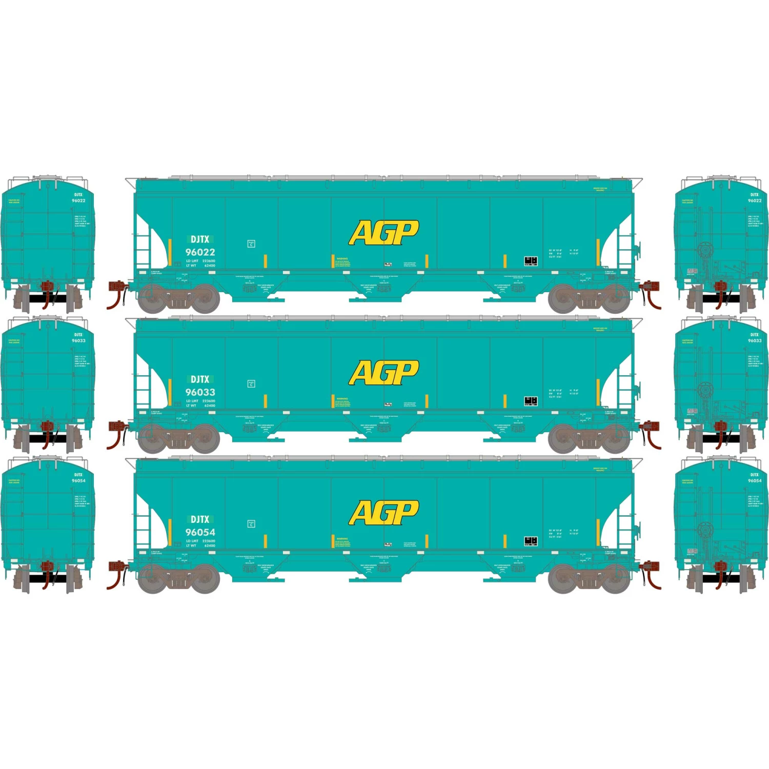 Athearn HO Trinity 3-Bay Hoppers, DJTX # 1 (3) for Freight Cars