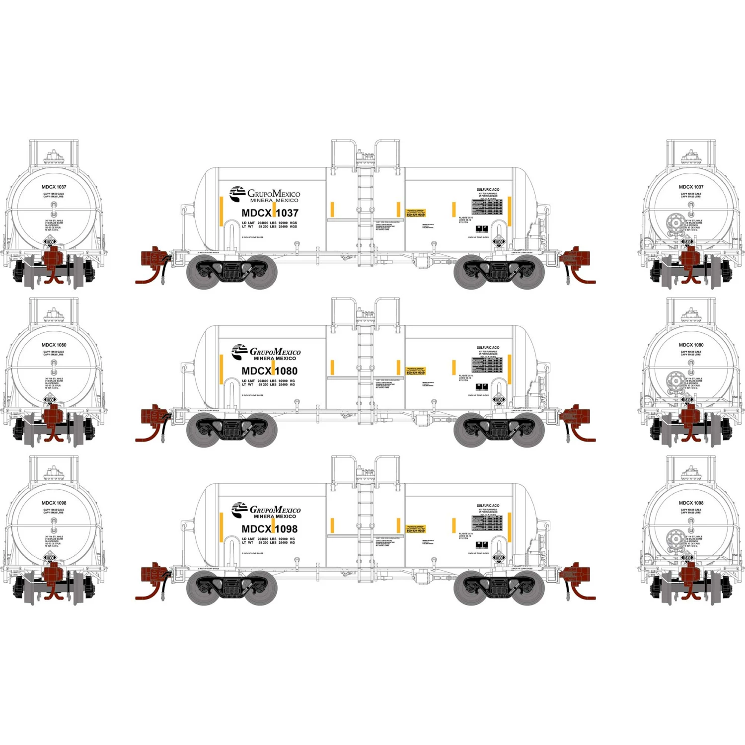Athearn N 13,600-Gallon Acid Tank, MDCX (3) for Freight Cars