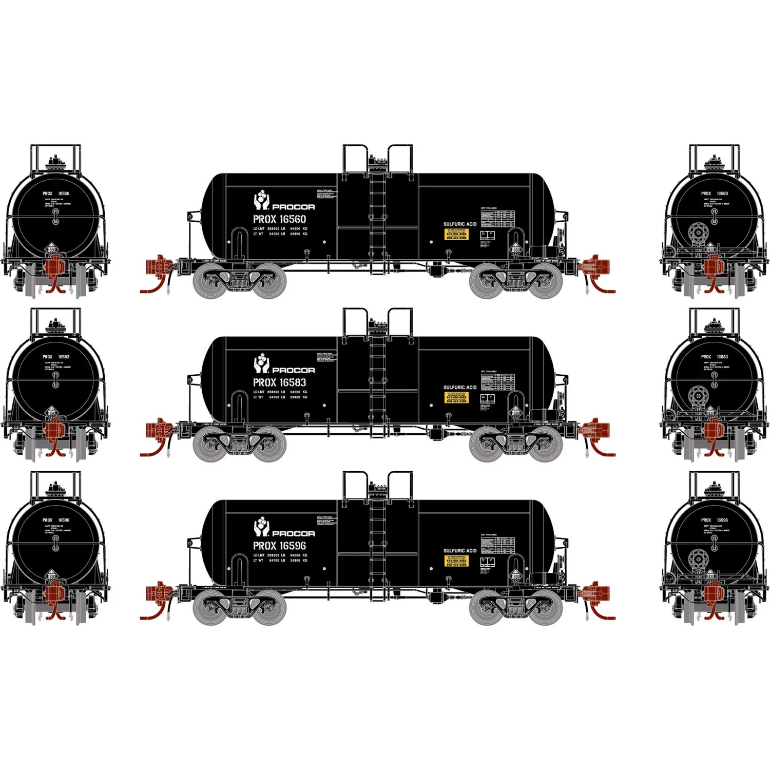 Athearn N 13,600-Gallon Acid Tank, PROX, Black (3) for Freight Cars