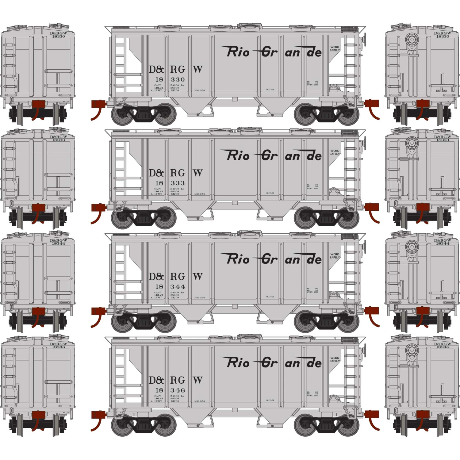 Athearn HO PS-2 2003 2-Bay Covered Hopper D&RGW (4) for Freight Cars