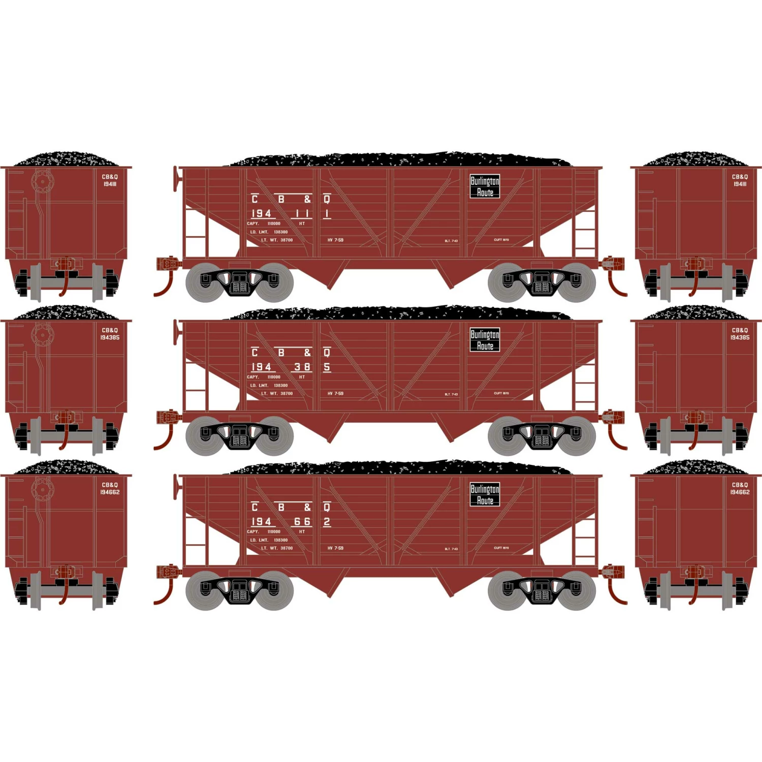 Athearn HO 34' 2-Bay Composite Coal Hopper with Load, CB&Q(3) for Freight Cars